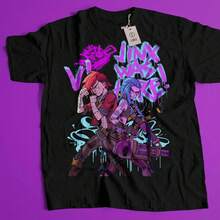 Camiseta Jinx Arcane, Camiseta para gamers, Camiseta de leyenda de los videojuegos A1pparel, Camiseta de videojuegos, Camiseta de juegos MOBA, Camiseta LOL, Camiseta para gamers, Camiseta para amantes de los videojuegos 06 220G, camiseta de manga corta de algodón puro para hombres y mujeres, tejido grueso, resistente a las arrugas y que no se deforma fácilmente. Estilo sencillo y versátil, ligero y transpirable, perfecto para ir al trabajo, viajar, acampar, ir de compras y el tiempo libre diario. - Negro - Ver 1