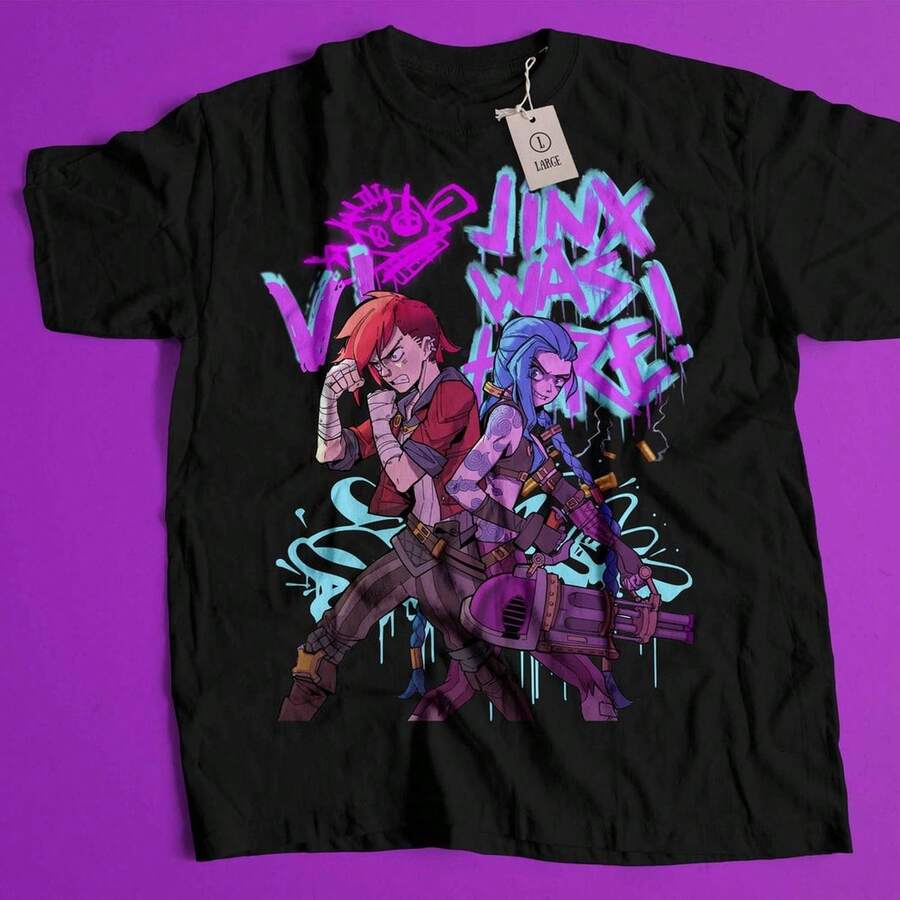 Camiseta Jinx Arcane, Camiseta para gamers, Camiseta de leyenda de los videojuegos A1pparel, Camiseta de videojuegos, Camiseta de juegos MOBA, Camiseta LOL, Camiseta para gamers, Camiseta para amantes de los videojuegos 06 220G, camiseta de manga corta de algodón puro para hombres y mujeres, tejido grueso, resistente a las arrugas y que no se deforma fácilmente. Estilo sencillo y versátil, ligero y transpirable, perfecto para ir al trabajo, viajar, acampar, ir de compras y el tiempo libre diario. - Negro - Ver 1
