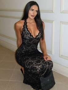 Vestido largo mujer elegante estilo europeo cuello colgante encaje combinado abertura ajustado figura favorecedor - Negro - Ver 3