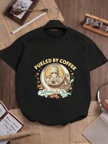 Camiseta de mujer con estampado "Impulsada por el café" Blusas Bonito 100% Cotton - Negro - Ver 1