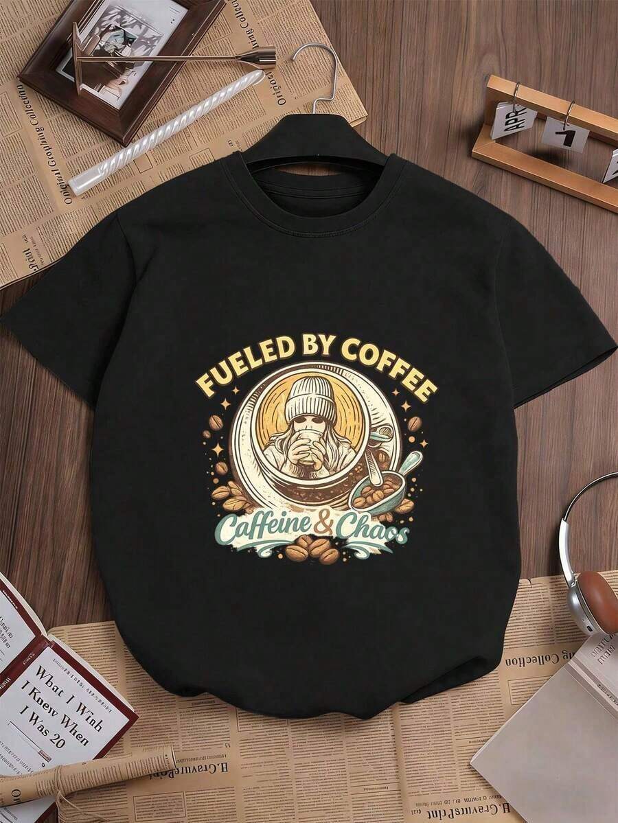 Camiseta de mujer con estampado "Impulsada por el café" Blusas Bonito 100% Cotton - Negro - Ver 1