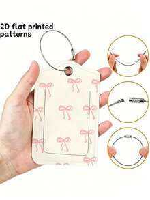 Pink Bow Print Travel Luggage Tag, With Name And ID Information, Made Of PU Material, A Practical Travel Accessory, Can Be Used For Luggage Identification, Sporty Fashion Design, Functional And Practical, Lightweight And Durable, Suitable For Travel Essentials, Pattern Randomly Cropped - Multicolor - View 2