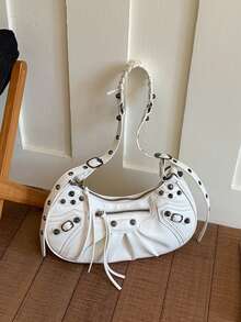 2026 Spring/Summer New White Motorcycle Style Pleated Crescent Underarm Rivet Fringe Design Shoulder Crossbody Bag, Versatile Texture Punk Retro Commuter Bag With Large Capacity - White - View 6