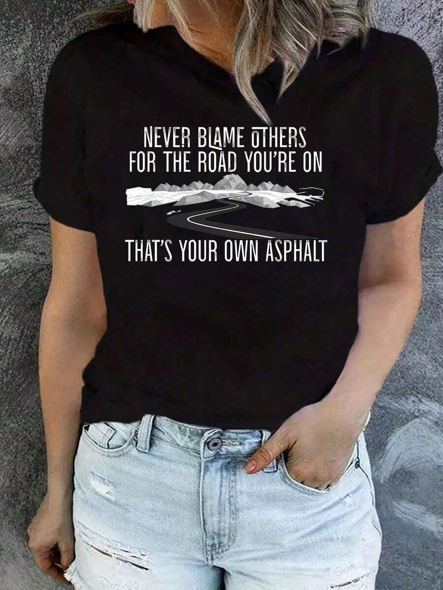 Women's White Short Sleeve Crew Neck T-Shirt | Inspirational "Never Blame Others" Print, Casual Standard Fit, Machine Washable, Perfect For Everyday Wear And Gifting, Stylish And Breathable T-Shirt, Everyday Print Shirt, Cool Summer Clothes. - 黑色 - 查看 1