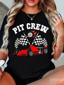 Camiseta gráfica retro de carreras para hombres y mujeres - Camiseta pesada de 220gsm Pure PIT CREW con diseño de coche de carreras rojo y bandera a cuadros, eslogan audaz de deportes de motor, cuello redondo de manga corta, ropa casual de deportes de motor lavable a máquina para eventos de carreras y atuendo casual - Negro - Ver 1