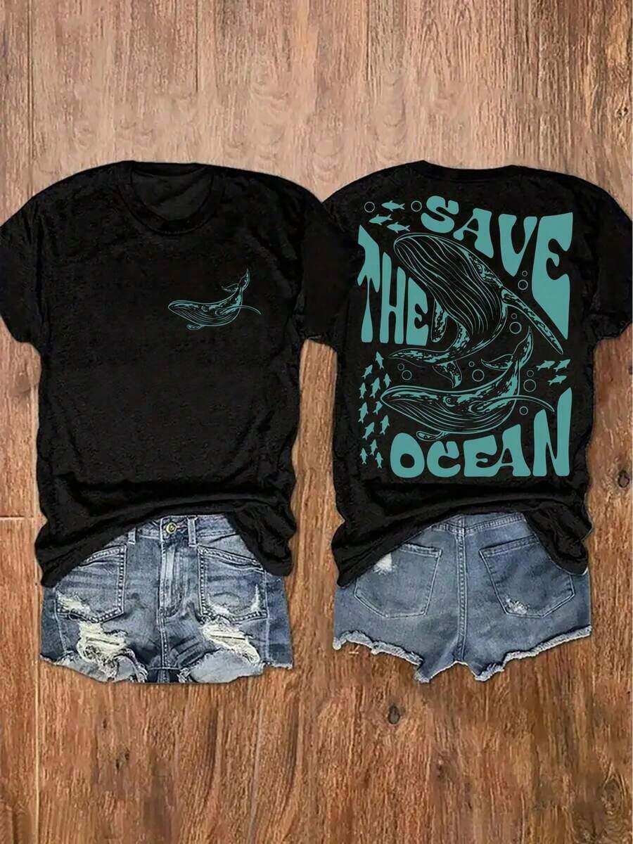 GiftCamiseta con Estampado [Promoción Dirigida] SAVE THE OCEAN, Camiseta de Manga Corta Casual para Mujer, Ropa de Mujer - Camiseta de Manga Corta de Algodón, Estilo Vintage Urbano, Unisex, Corte HolgadoSoft - Negro - Ver 1