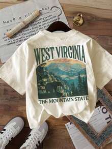 Gift Women's Double-Sided Print Blouses, Women's Casual Summer Top, Vintage Style, West Virginia The Mountain And Bear Print, Crew Neck, Short Sleeve, Size L, Gym Y2K, Crew Neck, 100% Cotton, Soft Fabric, Short Sleeve. Soft - 杏 - 查看 4