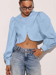 Blusa de algodón diseño minimalista 2026, cuello redondo, manga larga, cardigan corto versátil - Azul - Ver 2