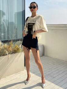 Camiseta oversize con gráfico de letras y hombros caídosPure-Cotton - Albaricoque - Ver 6