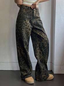 Pantalones vaqueros versátiles y casuales de mujer con bolsillos y estampado de leopardo, estilo Y2K - Marrón 2 - Ver 8