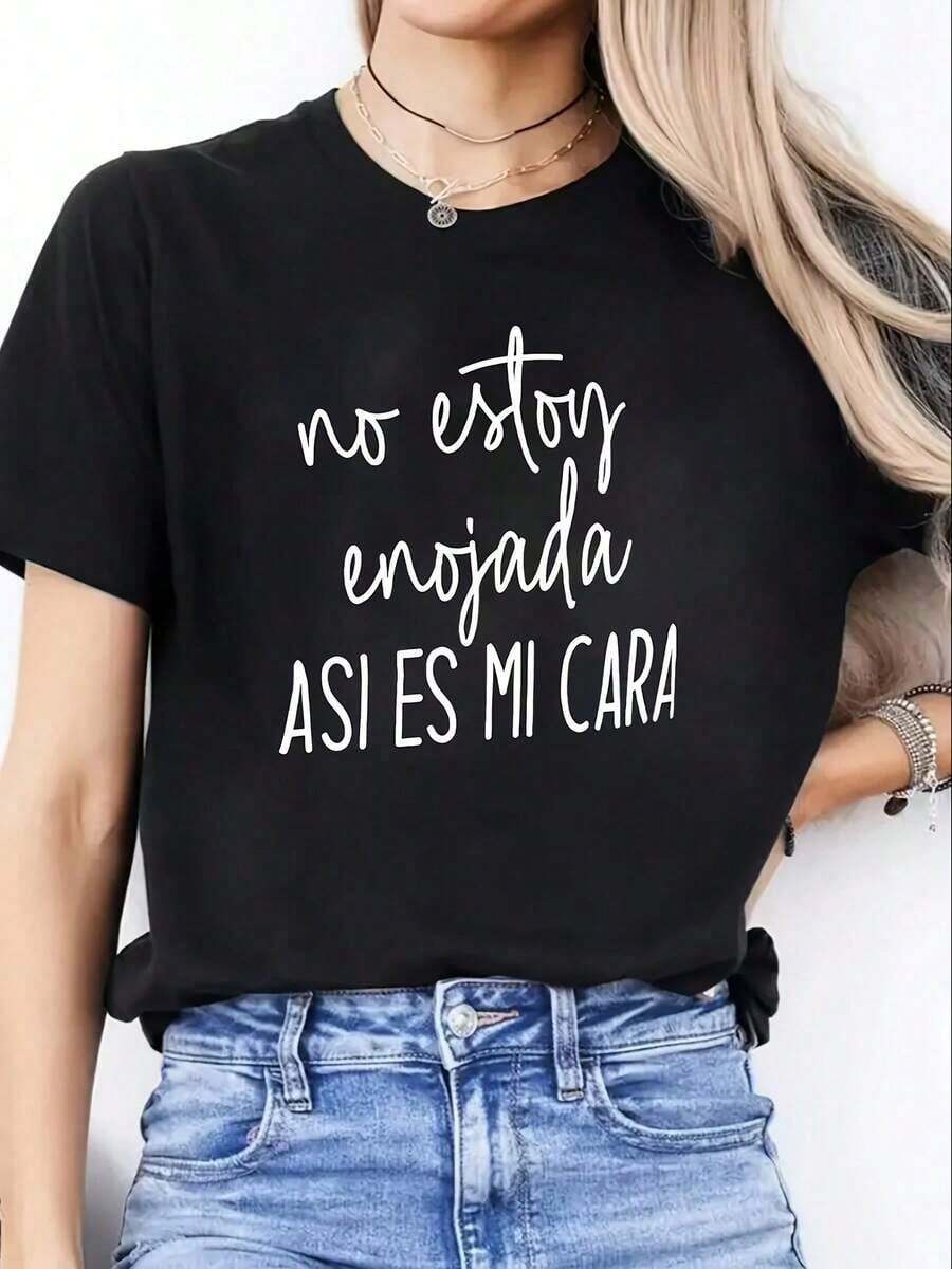 Respirable Camiseta divertida mujer "No estoy enojada, así es mi cara" con estampado humorístico estilo desenfadado casual ideal para uso diario o relajado color negro talla M / L / XL moda femenina en ropa personalizada camiseta popular, top deportivo mujer - Negro - Ver 1