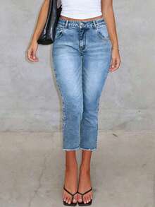 Jeans pitillo de tiro 3/4 desgastados de lavado claro para mujer, pantalones lápiz elásticos para uso casual y de viaje en verano - Azul lavado medio - Ver 6