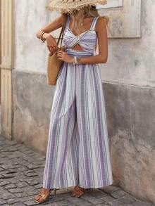 Mono de pierna ancha sólido con diseño retorcido y hueco para mujeres, informal para vacaciones - Morado 2 - Ver 5