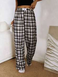 Pantalones de estar por casa rectos de cintura elástica con estampado de cuadros para mujer, para invierno - Blanco y Negro - Ver 6