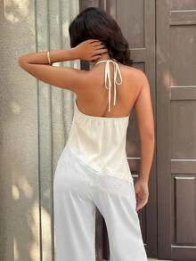 Camiseta de tirantes finos y sin mangas casual y sexy para mujer, camisola de satén con bajo asimétrico de malla, adecuada para citas nocturnas, vacaciones, despedidas de soltero y fiestas de cumpleaños en verano - blanquecino - Ver 2