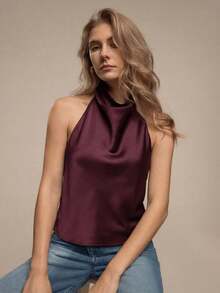 Blusa de mujer de nuevo verano de unicolor y sexy con espalda descubierta y hombros descubiertos, adecuada para citas y fiestas - Burdeos - Ver 3