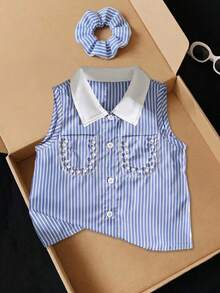 Girls' Academy Style Blue & White Striped Shirt With Beaded Pocket, Back To School Outfit - Baby Blue - View 5