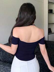 Camiseta de manga corta ajustada con cuello halter para mujeres para ir de fiesta, Tops cortos de verano para mujeres - Azul marino - Ver 2