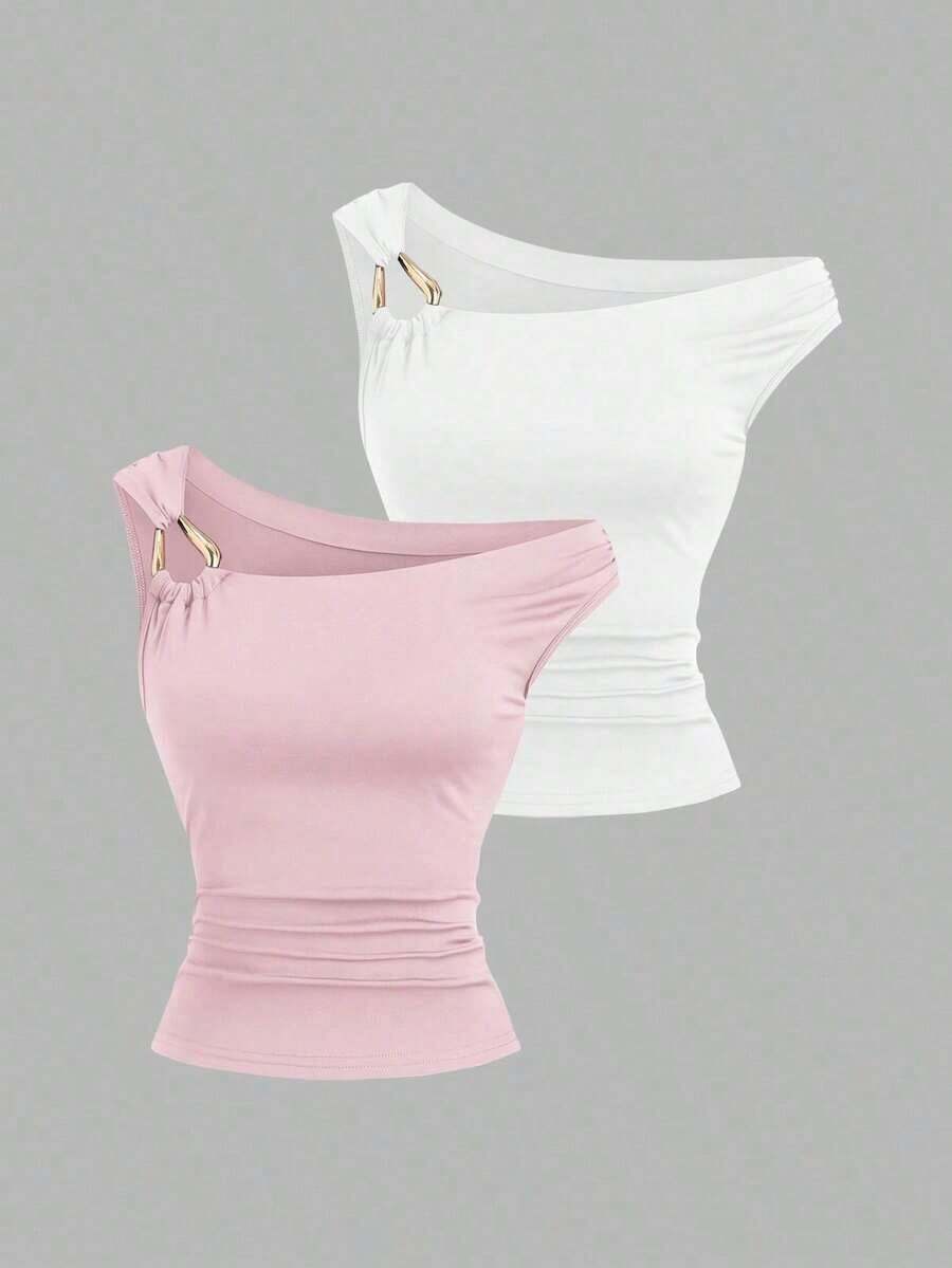 Set de 2 camisetas ajustadas con cuello asimétrico, versátil top casual, primavera/verano - Multicolor 8 - Ver 1