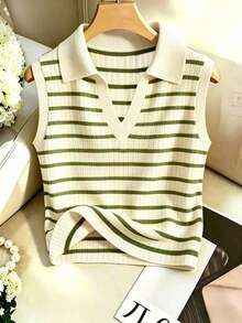 Chaleco de punto de rayas con cuello para mujer, elegante y casual - Multicolor 2 - Ver 3