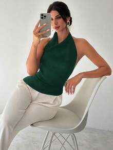 Camisa elegante de oficina para mujer, blusa negra ajustada con cuello asimétrico, sin mangas, halter, espalda descubierta, decoración de botones ajustables, ropa de primavera/verano, elegante, sexy - Verde Oscuro - Ver 6