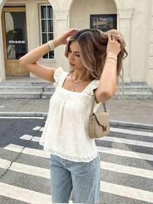 Blusa de mujer con cuello cuadrado y mangas cortas con estampado de lunares - Albaricoque - Ver 8