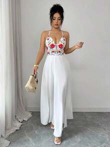 Vestido largo con abertura, escote en V, estampado floral, espalda elástica, diseño elegante y casual para uso diario, vacaciones y días festivos - Multicolor - Ver 4
