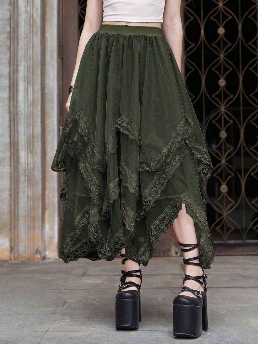 ROMWE Goth Falda con encaje en contraste bajo asimétrico de malla - Verde - Ver 1
