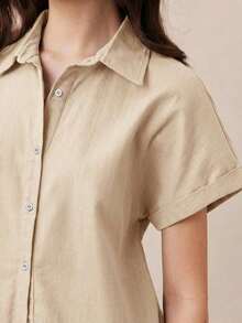 Nueva llegada Camisa casual de manga corta con botones delanteros de unicolor, adecuada para uso diario, primavera/verano - Albaricoque 2 - Ver 7