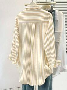 Camisa de manga larga a rayas clásica para mujer, con cuello, diseño de botones delanteros, decoración de bolsillo, adecuada para oficina y uso casual en primavera, verano, otoño e invierno - Amarillo - Ver 5