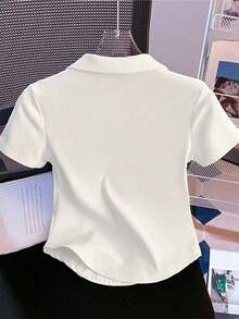 Camiseta de mujer casual de manga corta con cuello polo, estampado de caballero a rayas y contraste de color - Blanco 3 - Ver 2