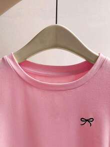 Camiseta casual de mujer con mangas raglán, estampado de lazo y contraste de color - Rosa - Ver 3