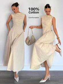 Vestido Largo con Cierre y Decoración Metálica para Mujer , Nuevo Vestido de Noche Elegante Negro de Verano para Eventos Formales - Albaricoque - Ver 9