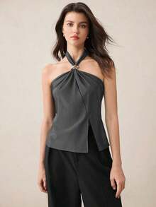Top con cuello de halter, diseño de botón de metal verde, abertura lateral, elegante y chic para uso urbano y diario, estilo romántico retro de los 90.Adecuado para Navidad, Año Nuevo, San Valentín, fiestas, playa, graduación, moda, carnaval, bod - Gris - Ver 6