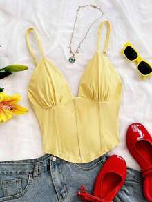 Camiseta sin mangas de punto rojo con escote en V y espalda cruzada, adecuada para citas, estilo bohemio, vacaciones, otoño, ropa de mujer, vintage, días festivos - Amarillo - Ver 3