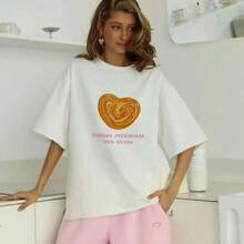 Camiseta blanca holgada con estampado de galletas en forma de corazón estilo americano, moda europea y americana, top juvenil de manga corta. - Negro - Ver 3