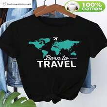 Women Black 100 Percent Cotton Casual Round Neck Short Sleeve World Map Born To Travel Print Regular Tee Top - Negro - Ver 1