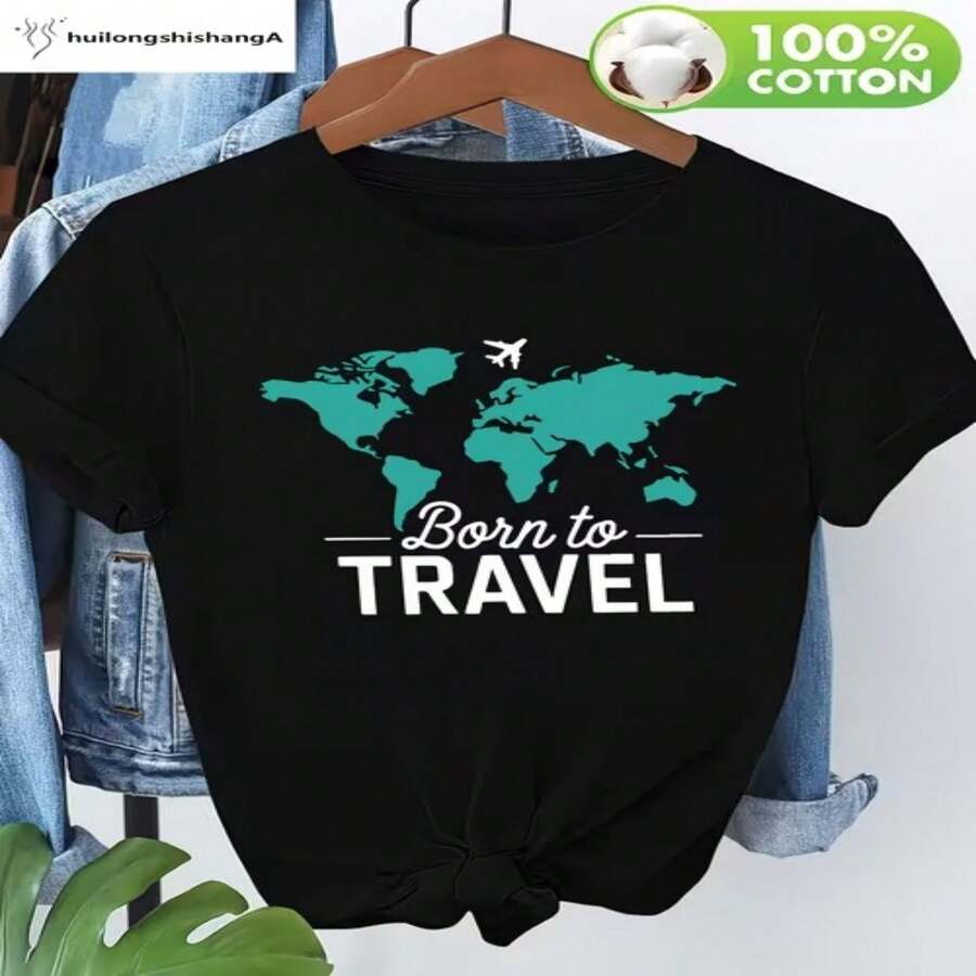 Women Black 100 Percent Cotton Casual Round Neck Short Sleeve World Map Born To Travel Print Regular Tee Top - Negro - Ver 1