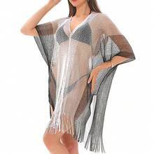 Beach Cover-Up With Mesh And Hollow-Out Design, Bikini Cover-Up, Sexy Sun Protection Shirt For Beach Vacations - Gold Gradient - View 6