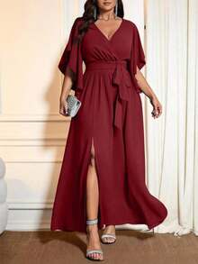 Vestido maxi elegante de fiesta con abertura, cuello en V ajustado, mangas acampanadas y cintura fruncida, talla grande para mujer - Burdeos - Ver 7