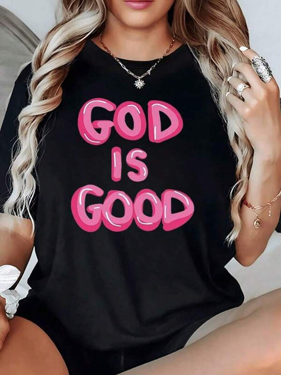 Frase Dios es bueno" en letras rosas que transmite fe esperanza y energ￭a positiva para el d￭a a d￭a camiseta de mujer 100% algod￳n c￳moda y moderna