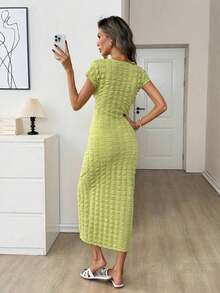 Vestido midi casual de mujer con estampado de lunares, cintura retorcida y abertura alta sin mangas; Vestido ajustado texturizado casual de mujer; Conjunto de fitness de mujer; Vestido de invitada de boda de mujer; Atuendo de oficina de mujer - verde aguacate - Ver 7