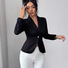 Elenzya Elegant Rose Gold Metal Button Waist Cinched Shawl Neck Black Long Sleeve Women Thin Blazer - Negro - Ver 7