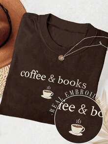 Camiseta Casual de Mujer Personalizada con Cuello Redondo y Diseño Bordado "Coffee & Books" - Estilo Vintage Urbano, Holgada, de Algodón, Manga Corta - Negro - Ver 7