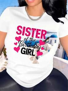 Short-Sleeved T-Shirt For Sister's Birthday, 100% Cotton, Made Of Polyester Fabric, Lightweight And Durable, Suitable For Parties And Celebrations At Home Or In Restaurants, With A Pink Heart Design, Comfortable Fit, Ideal For Family Activities And Gatherings, Casual Daily Wear. - 白色 - 查看 3