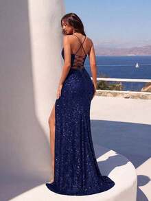 Vestido maxi con lentejuelas, elegante, con tirantes finos cruzados, espalda descubierta, cintura fruncida, abertura frontal y espalda con lazo, adecuado para fiestas, eventos, invitados de boda, ocasiones formales, galas, fiesta de Año Nuevo Primavera Negro - Azul marino - Ver 2