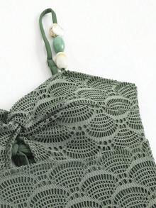 Swim Oasis Conjunto de traje de baño elegante y minimalista de estilo de dama de alta gama con diseño de cuentas de color contrastante y tela texturizada calada, serie 26ss, estilo de fiesta en la playa y resort, una pieza - Verde - Ver 5