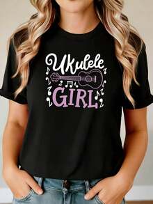 Conjunto vintage para entusiastas del "Ukulele Girl" con estampado de "Ukulele GIRL". Camiseta de manga corta cómoda para mujer, de talla grande, con cuello redondo, estilo casual, para primavera y verano. Ropa elegante y vibrante para mujer, adecuada para practicar, asistir a fiestas musicales, ir al trabajo y para uso diario.ropa de calor mujer - Negro - Ver 1