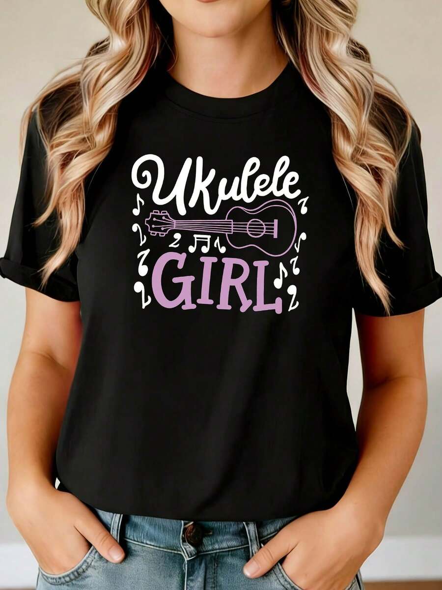Conjunto vintage para entusiastas del "Ukulele Girl" con estampado de "Ukulele GIRL". Camiseta de manga corta cómoda para mujer, de talla grande, con cuello redondo, estilo casual, para primavera y verano. Ropa elegante y vibrante para mujer, adecuada para practicar, asistir a fiestas musicales, ir al trabajo y para uso diario.ropa de calor mujer - Negro - Ver 1