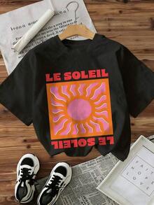 Camiseta de cuello redondo blanca para mujer con estampado de sol y letras, estilo versátil, adecuada para el uso diario.Suitable for spring, summer and autumnmaija - Negro - Ver 7